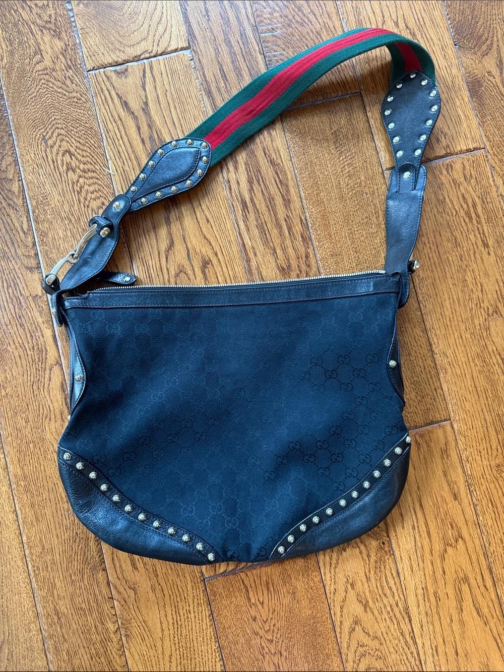 Gucci Black Canvas Shoulder Bag with Signature Green-Red Web Strap